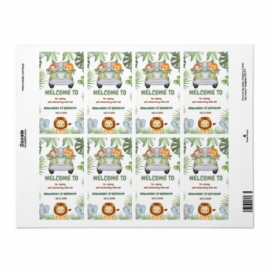 Wild One Tropical Jungle Animals Birthday ラベル (フルシート)