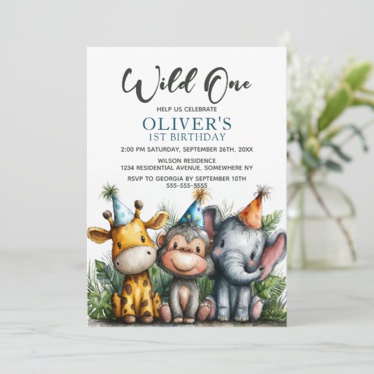 Wild One Tropical Safari Animals 1st Birthday 招待状 (スタンド正面)