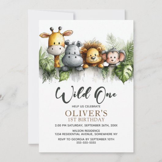 Wild One Tropical Safari Animals 1st Birthday 招待状 (正面)