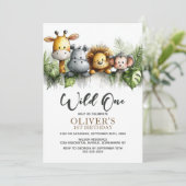 Wild One Tropical Safari Animals 1st Birthday 招待状 (スタンド正面)