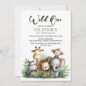 Wild One Tropical Safari Animals 1st Birthday 招待状 (正面)