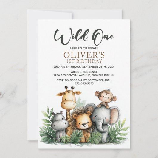 Wild One Tropical Safari Animals 1st Birthday 招待状 (正面)