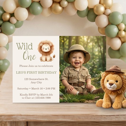 Wild One Watercolor Safari Lion 1st Birthday Photo 招待状
