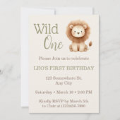 Wild One Watercolor Safari Lion First Birthday 招待状 (正面)