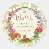 Wild One Whimsical Forest Floral Birthday ラウンドシール (正面)