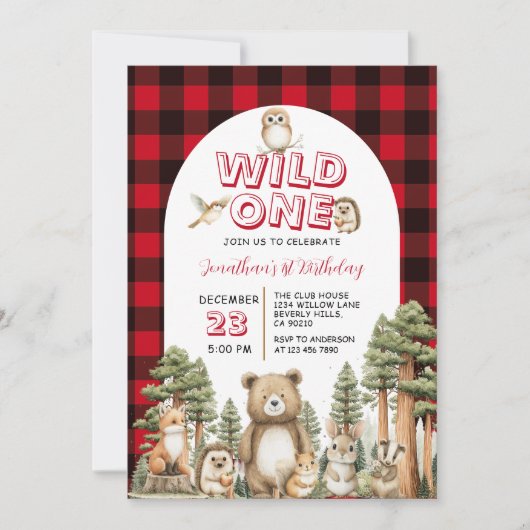 Wild One Woodland Animal 1st Birthday Party Plaid 招待状 (正面)