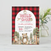 Wild One Woodland Animal 1st Birthday Party Plaid 招待状 (スタンド正面)