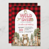 Wild One Woodland Animal 1st Birthday Party Plaid 招待状 (正面/裏面)