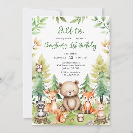 Wild One Woodland Animals 1st Birthday Invitation 招待状 (正面)