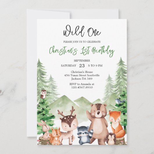 Wild One Woodland Animals 1st Birthday Invitation 招待状 (正面)