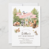 Wild One Woodland Animals Forest Girl 1st Birthday 招待状 (正面)