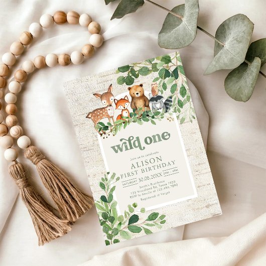 Wild One Woodland Party Animals 1st Birthday 招待状