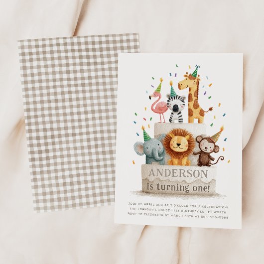 Wild One Zoo Animals Neutral First Birthday Party 招待状