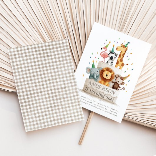 Wild One Zoo Animals Neutral First Birthday Party 招待状