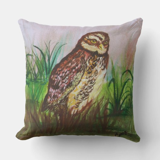 Wild Owl in nature watercolor art クッション (正面)