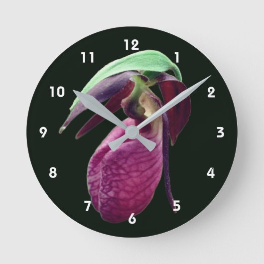 Wild Pink Lady Slipper Flower ラウンド壁時計 (正面)