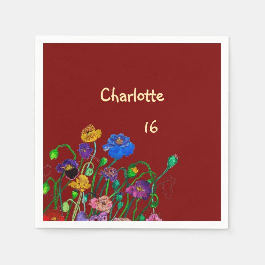 Wild Poppy Deep Red & Butter Yellow Birthday スタンダードカクテルナプキン (正面)