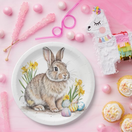 Wild Rabbit with Daffodils Easter  ペーパープレート (パーティー)