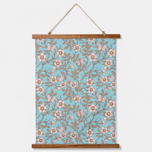 Wild roses and butterflies /pink/brown/pool 吊り下げ型タペストリー (正面)