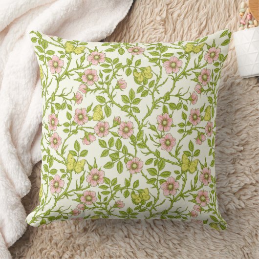 Wild roses and butterflies /pink/pale green/yellow クッション (ブランケット)