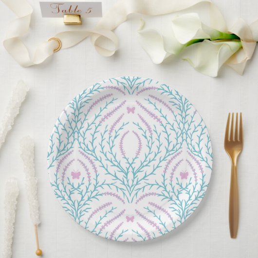 Wild roses and butterflies /pink/pale green/yellow ペーパープレート (ウェディング)