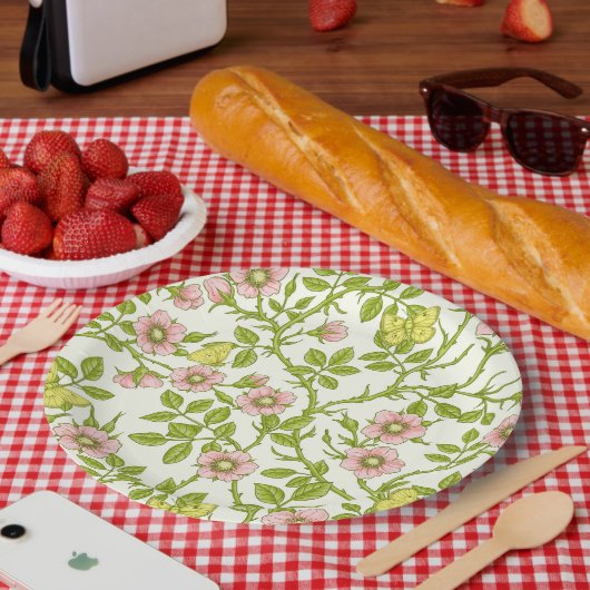 Wild roses and butterflies /pink/pale green/yellow ペーパープレート (ピクニック)