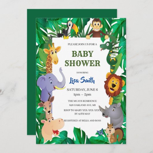 Wild Safari Animal Jungle Baby Shower 招待状 (正面/裏面)