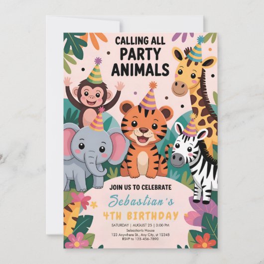 Wild Safari Animals Birthday 招待状 (正面)