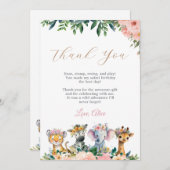 Wild Safari Animals Girl First Birthday サンキューカード (正面/裏面)