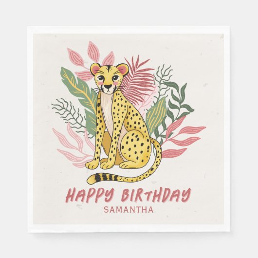 Wild Safari Pink Cheetah Kids Birthday Party スタンダードランチョンナプキン (正面)
