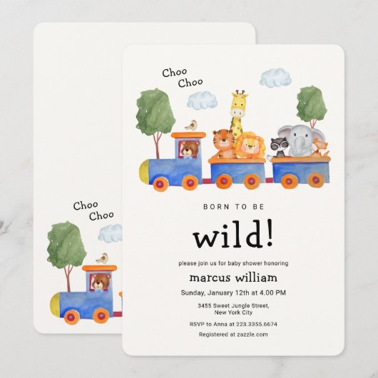 Wild Safari Zoo Animals Train Baby Shower 招待状 (正面/裏面)