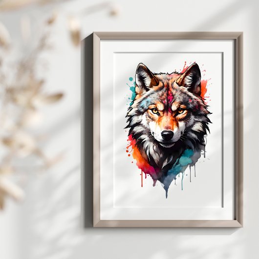 Wild Spirit Wolf Watercolor Splash Wall Art ポスター