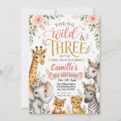Wild Three サファリ 水彩フラワー 3歳の誕生日 招待状 (正面)