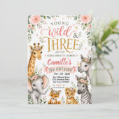 Wild Three サファリ 水彩フラワー 3歳の誕生日 招待状 (スタンド正面)