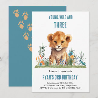 Wild & Three ライオン 3歳の誕生日招待状 招待状