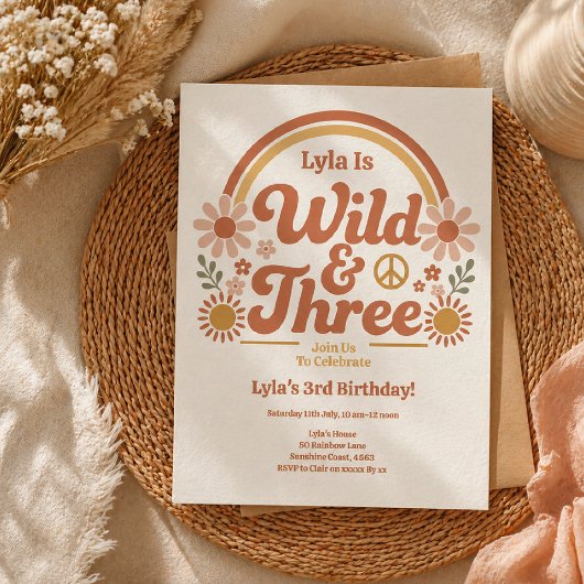 Wild Three Birthday Invitation Girl | Retro Boho 招待状