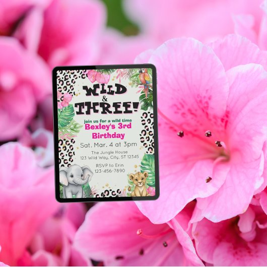Wild & Three Pink Jungle Birthday 招待状