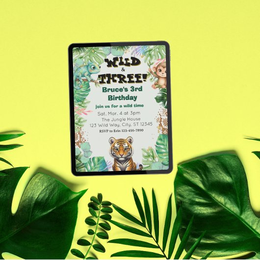 Wild & Three, Watercolor Jungle Birthday 招待状