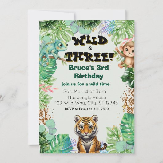 Wild & Three, Watercolor Jungle Birthday 招待状 (正面)