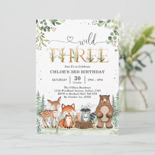 Wild Three Woodland Party Animals 3rd Birthday 招待状 (スタンド正面)