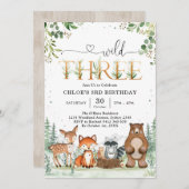 Wild Three Woodland Party Animals 3rd Birthday 招待状 (正面/裏面)