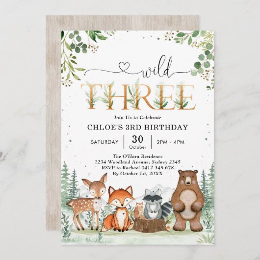 Wild Three Woodland Party Animals 3rd Birthday 招待状 (正面/裏面)