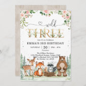 Wild Three Woodland Party Animals 3rd Birthday 招待状 (正面/裏面)