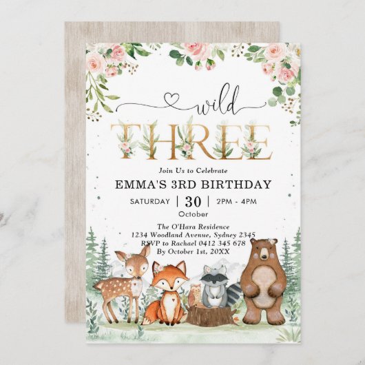Wild Three Woodland Party Animals 3rd Birthday 招待状 (正面/裏面)