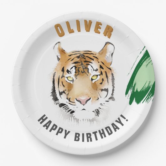 Wild Tiger Head Watercolor Birthday Name ペーパープレート (正面)
