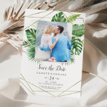 Wild Tropical Palm Geometric Photo Save the Date セーブザデート<br><div class="desc">This wild tropical palm geometric photo save the date card is perfect for a beach or destination wedding. The design features an exotic array of green watercolor banana palm tree leaves, ferns, foliage, botanical plants and greenery for a tropical summer feel. Personalize with your engagement photo, names, wedding date, and...</div>