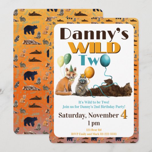 Wild Two Animals Second Birthday Invitation 招待状 (正面/裏面)