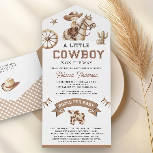 Wild West Rodeo Western Little Cowboy Baby Shower オールインワン招待状