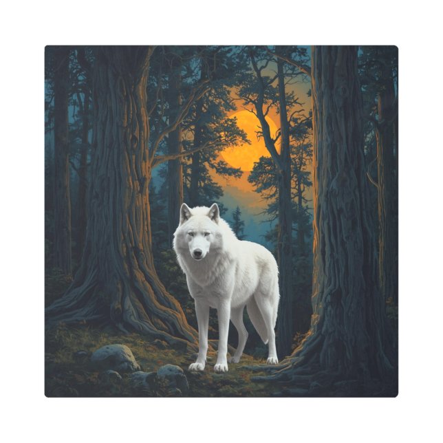Wild White Wolf Under Moonlight Forest Animal メタルプリント (正面)