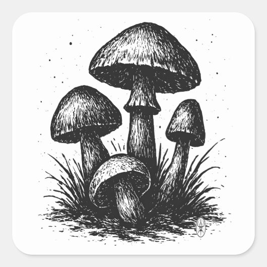 Wild Woodland Mushrooms – Ink Art スクエアシール (正面)